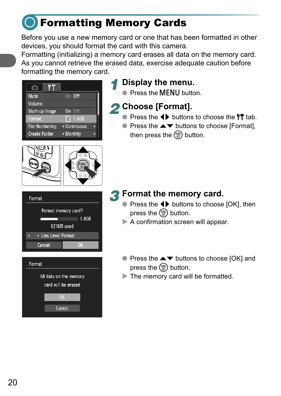 Formatting memory cards | Canon PowerShot A495 User Manual | Page 20 / 131