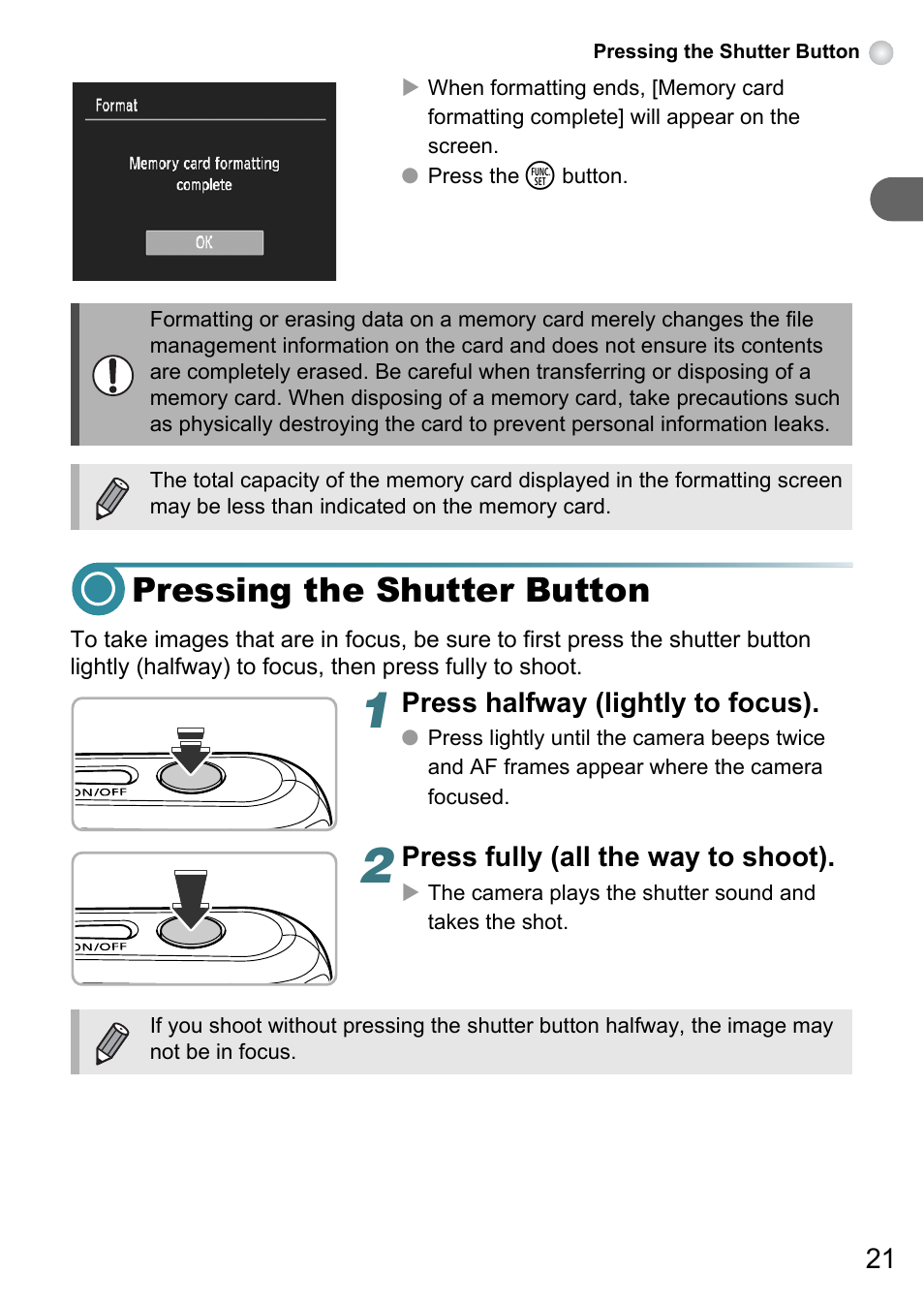 Pressing the shutter button | Canon PowerShot A495 User Manual | Page 21 / 131