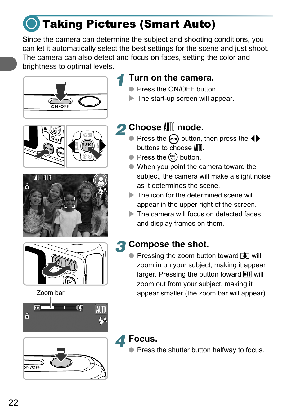 Taking pictures (smart auto), P. 22) | Canon PowerShot A495 User Manual | Page 22 / 131