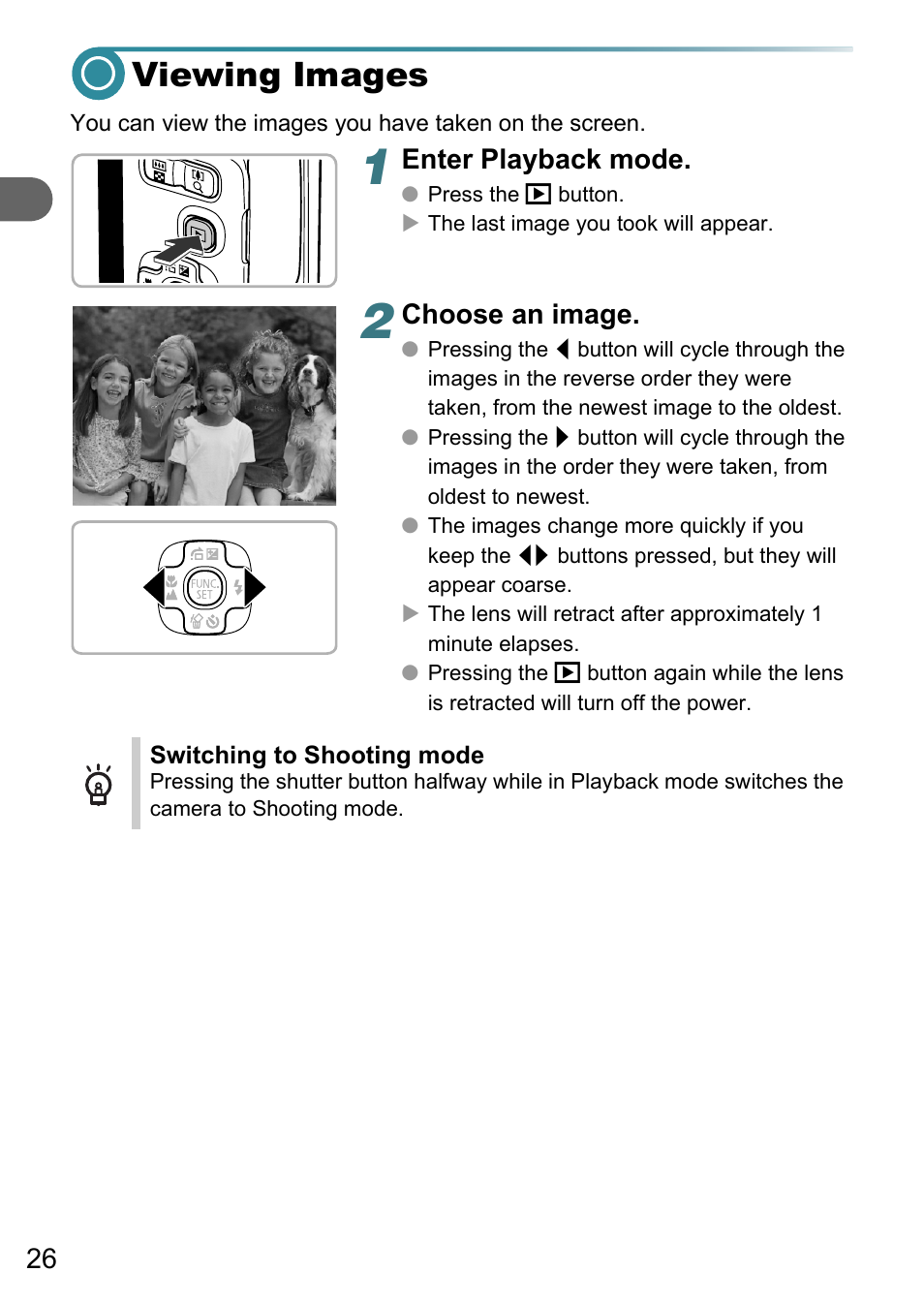Viewing images, Enter playback mode, Choose an image | Canon PowerShot A495 User Manual | Page 26 / 131