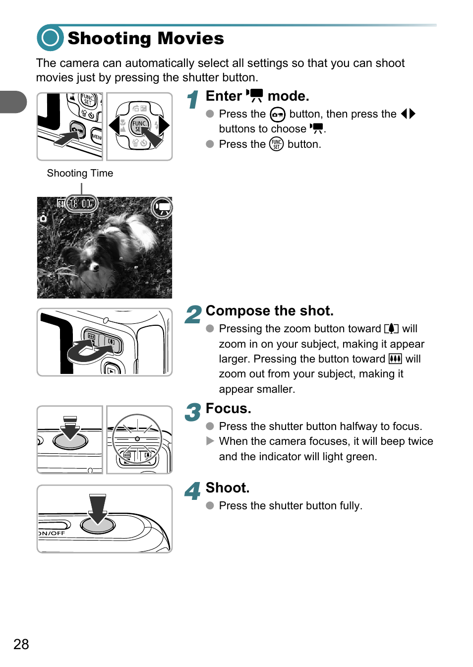 Shooting movies | Canon PowerShot A495 User Manual | Page 28 / 131