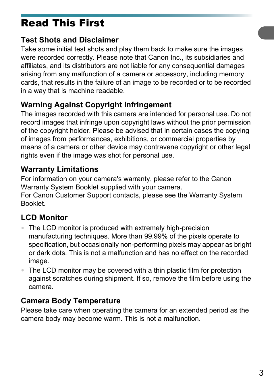 Read this first | Canon PowerShot A495 User Manual | Page 3 / 131