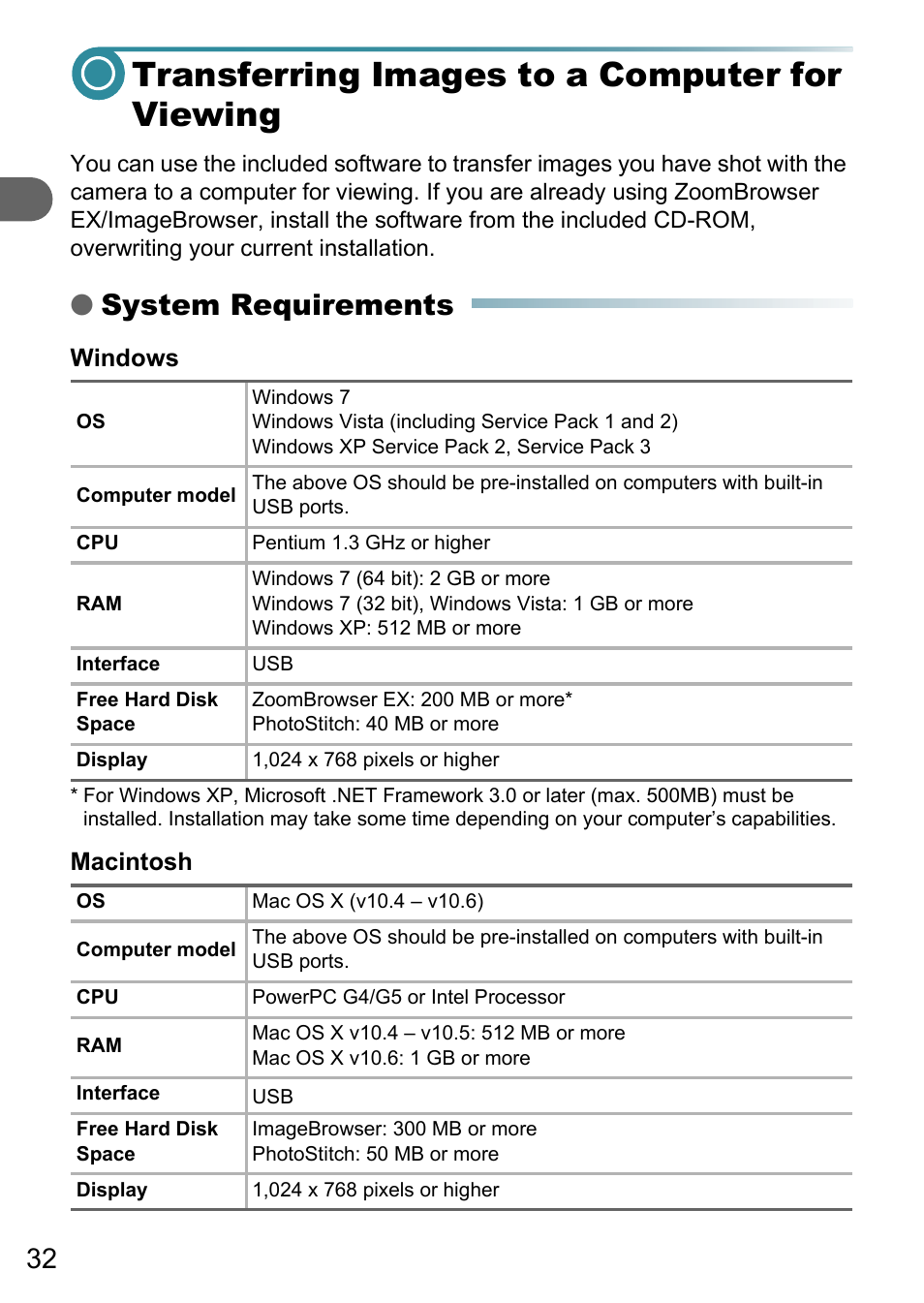 Transferring images to a computer for viewing, System requirements | Canon PowerShot A495 User Manual | Page 32 / 131