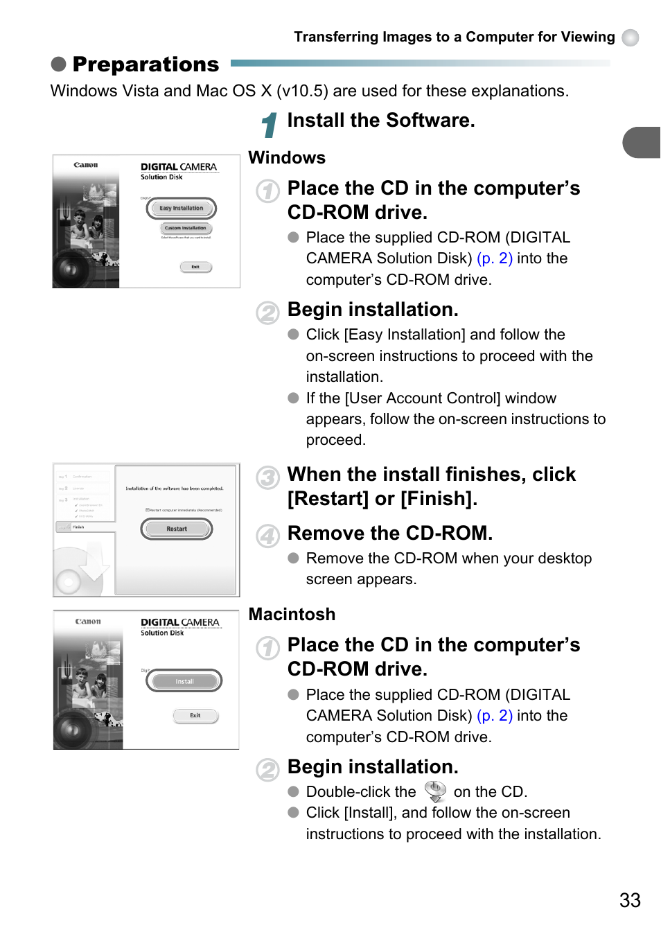 Preparations, Install the software, Place the cd in the computer’s cd-rom drive | Begin installation | Canon PowerShot A495 User Manual | Page 33 / 131