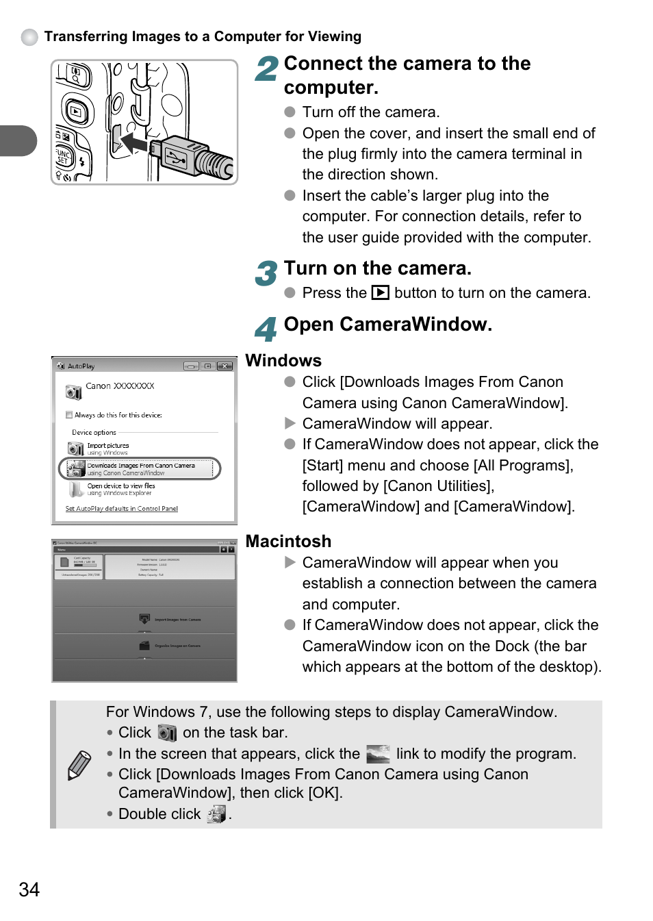 Connect the camera to the computer, Turn on the camera, Open camerawindow | Canon PowerShot A495 User Manual | Page 34 / 131