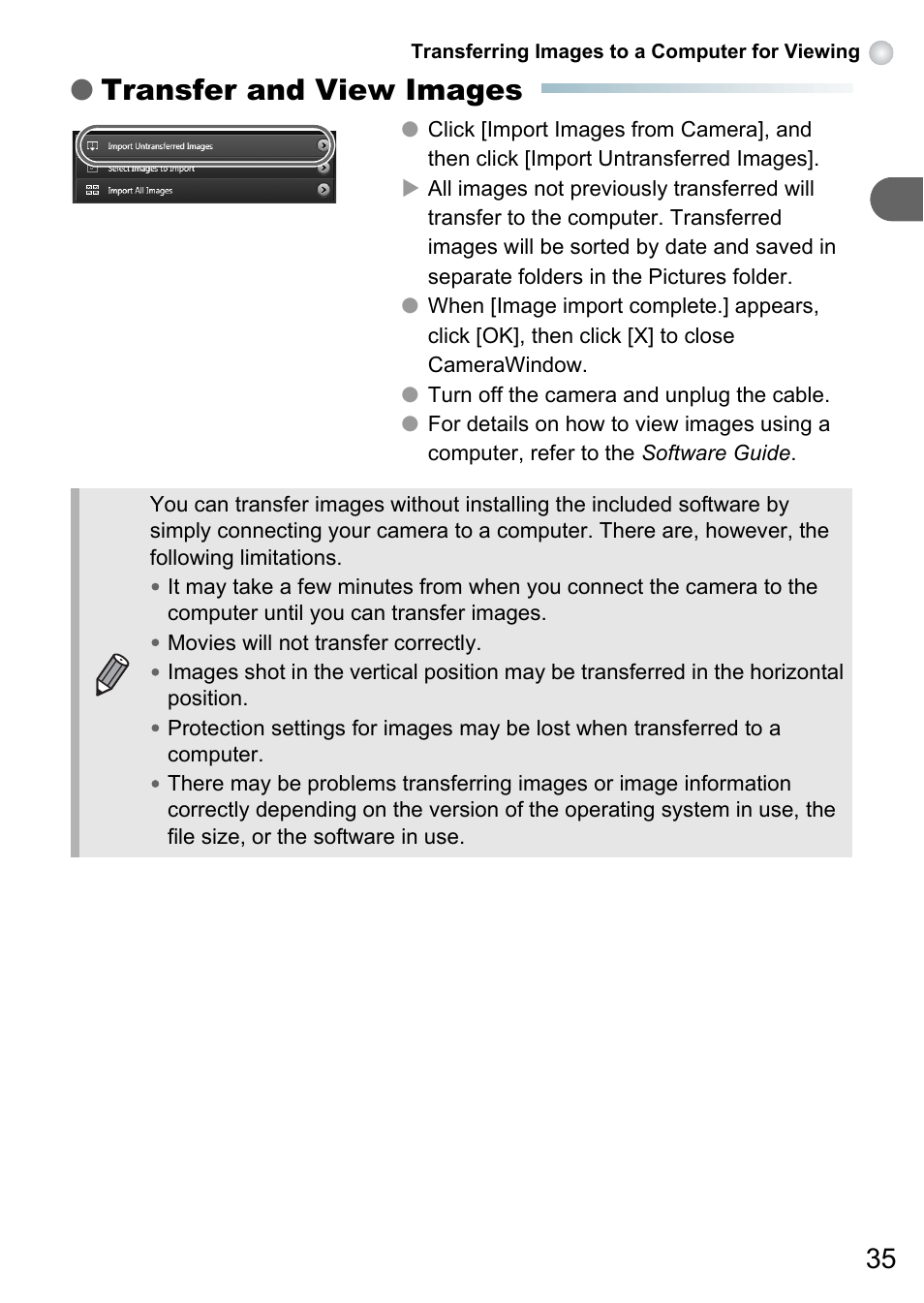 Transfer and view images | Canon PowerShot A495 User Manual | Page 35 / 131