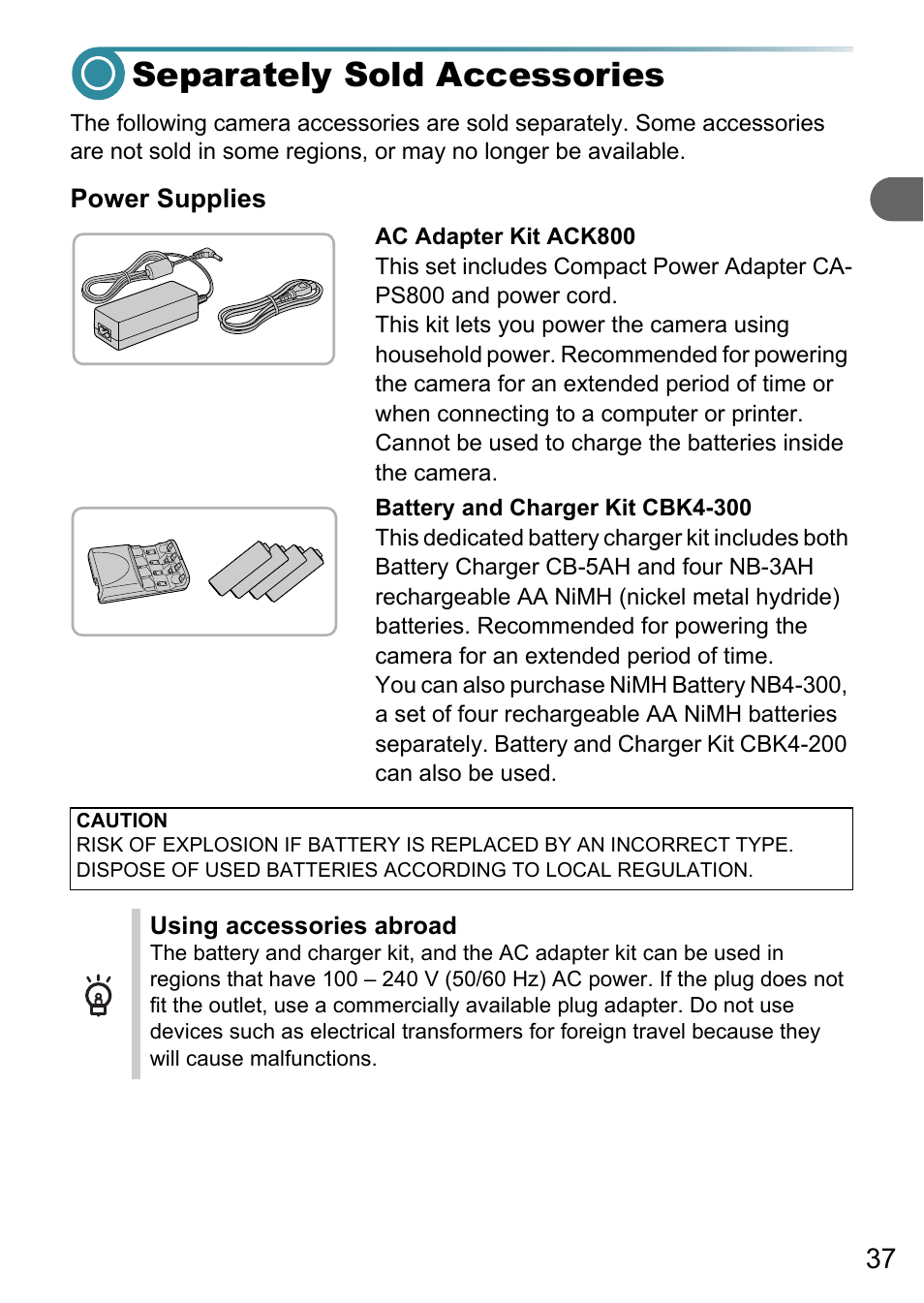 Separately sold accessories | Canon PowerShot A495 User Manual | Page 37 / 131