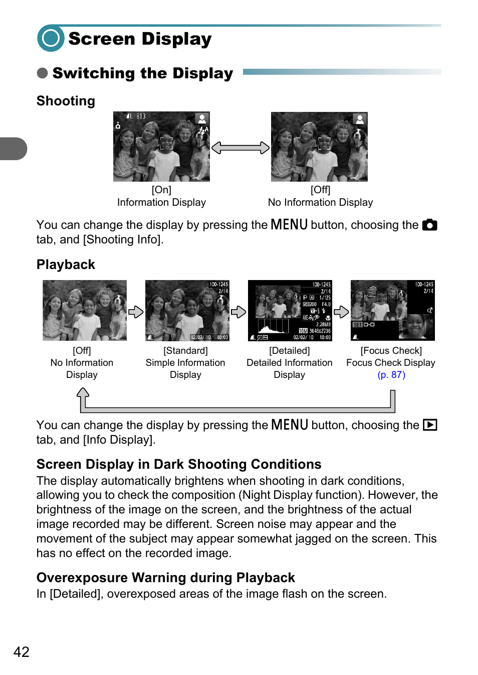 Screen display, Pp. 42, Switching the display | Shooting, Playback, Screen display in dark shooting conditions, Overexposure warning during playback | Canon PowerShot A495 User Manual | Page 42 / 131