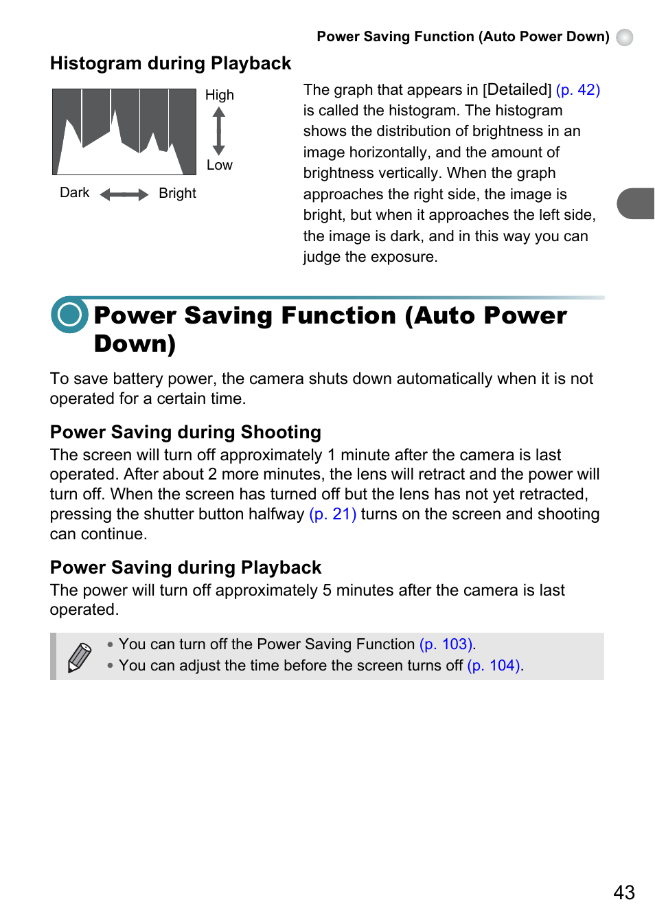 Power saving function (auto power down) | Canon PowerShot A495 User Manual | Page 43 / 131