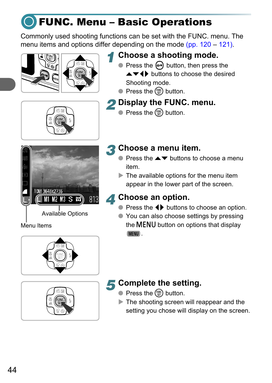 Func. menu - basic operations, Func. menu – basic operations, P. 44) | Canon PowerShot A495 User Manual | Page 44 / 131