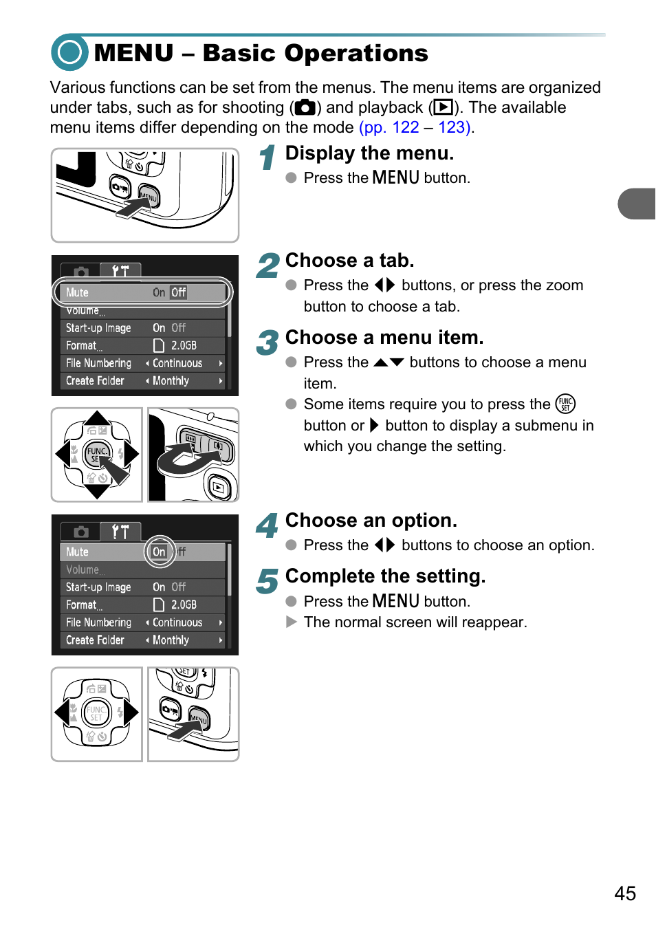 Menu - basic operations, Menu – basic operations, P. 45) | Canon PowerShot A495 User Manual | Page 45 / 131