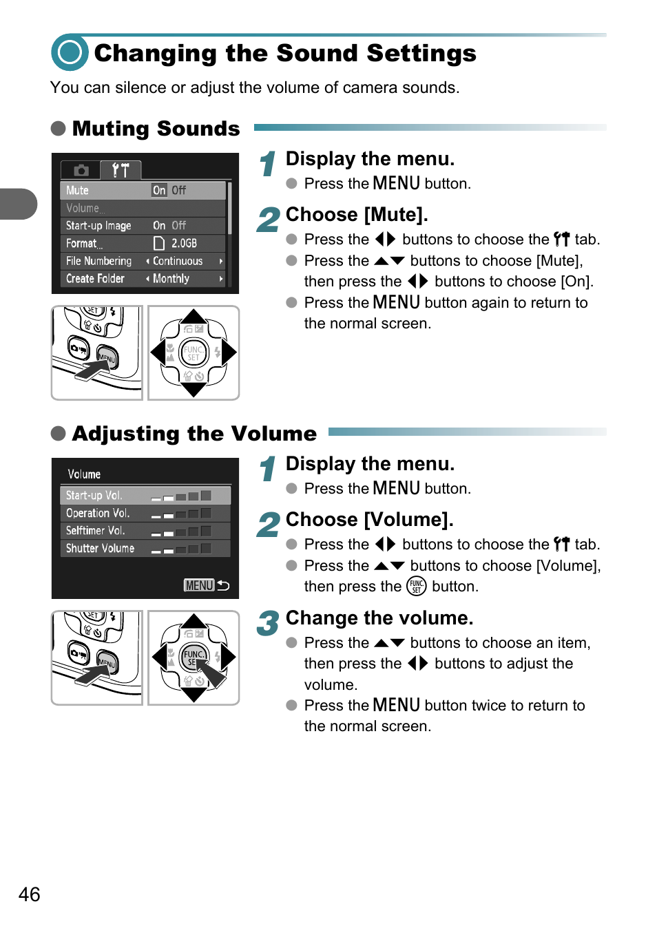 Changing the sound settings, Muting sounds, Adjusting the volume | Canon PowerShot A495 User Manual | Page 46 / 131