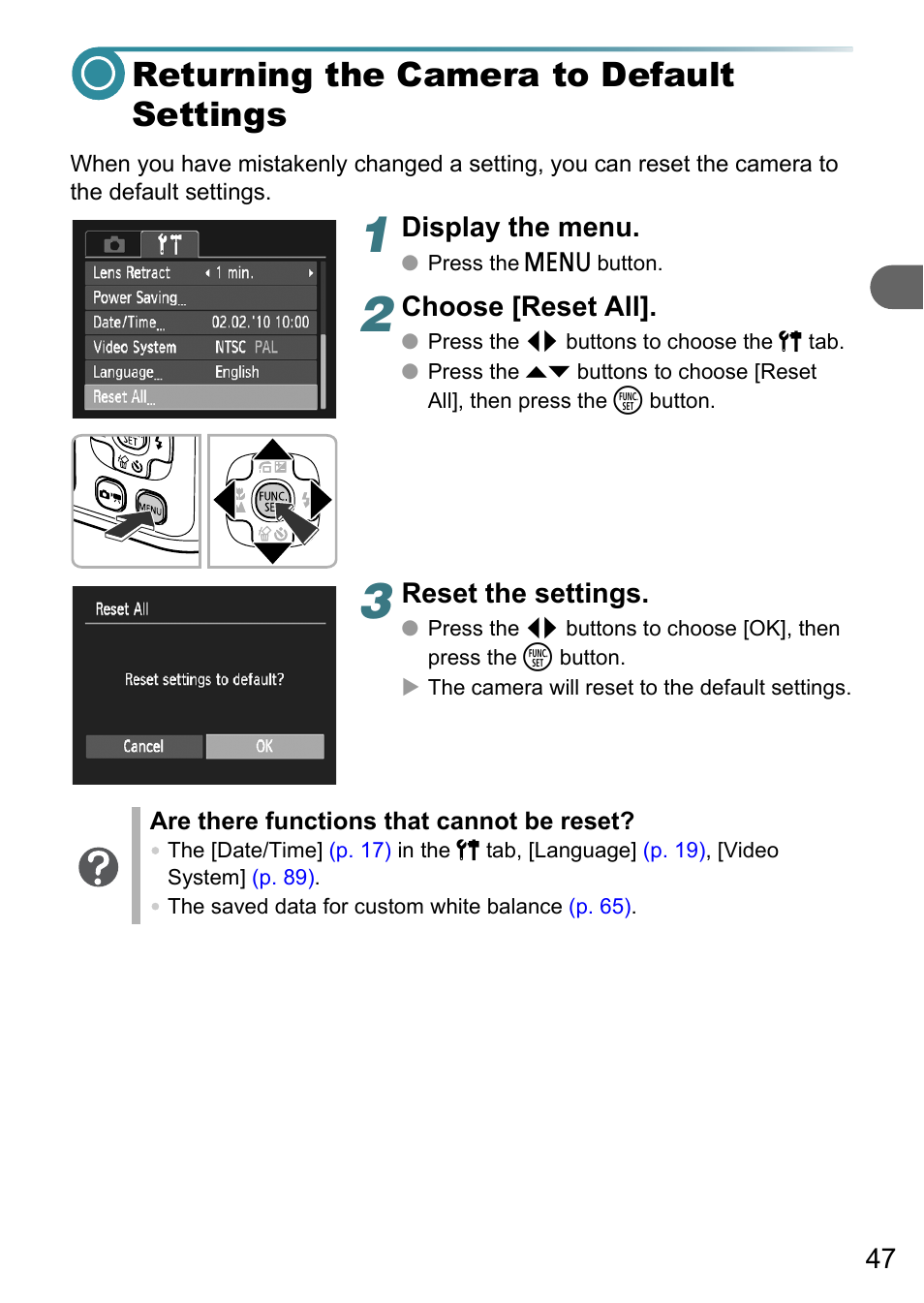 Returning the camera to default settings, Display the menu, Choose [reset all | Reset the settings | Canon PowerShot A495 User Manual | Page 47 / 131