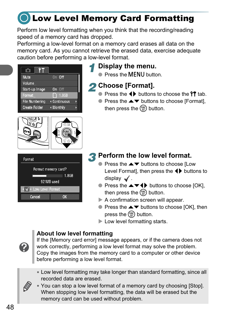 Low level memory card formatting, Display the menu, Choose [format | Perform the low level format | Canon PowerShot A495 User Manual | Page 48 / 131