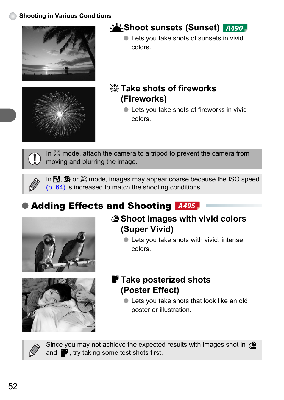 P. 52), Adding effects and shooting, 52 u shoot sunsets (sunset) | T take shots of fireworks (fireworks), Shoot images with vivid colors (super vivid), Take posterized shots (poster effect) | Canon PowerShot A495 User Manual | Page 52 / 131