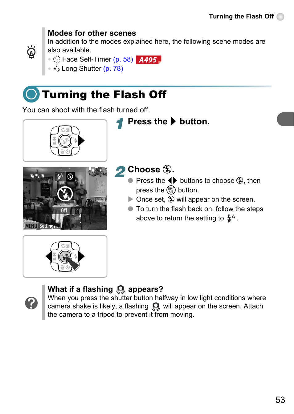 Turning the flash off, Pp. 53, P. 53) | Press the r button, Choose | Canon PowerShot A495 User Manual | Page 53 / 131
