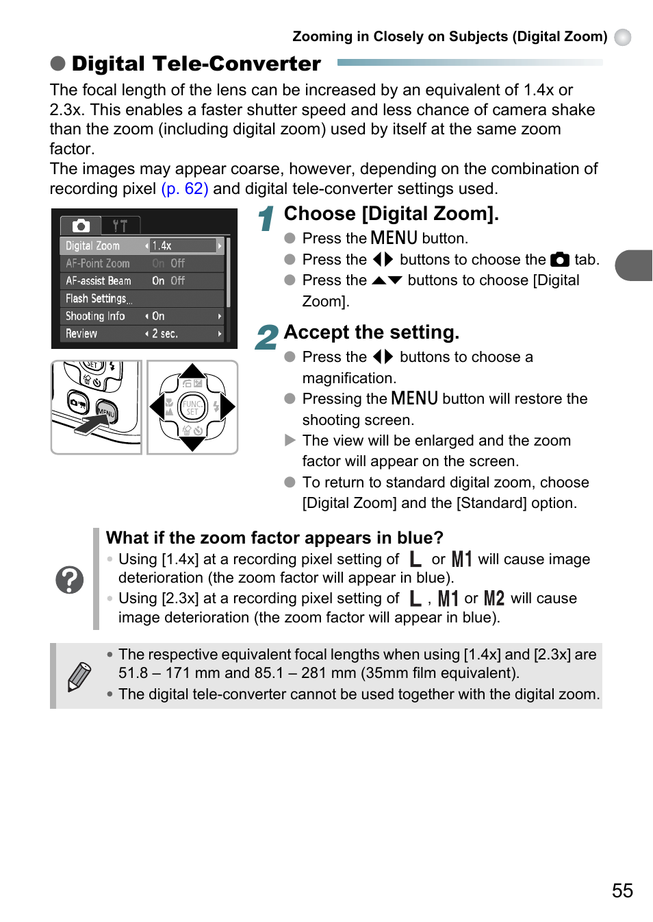 Digital tele-converter, Choose [digital zoom, Accept the setting | Canon PowerShot A495 User Manual | Page 55 / 131
