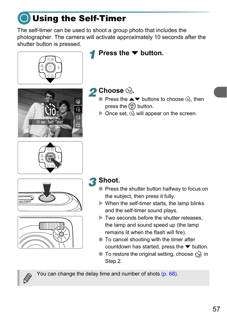 Using the self-timer, Imer), Pp. 57 | P. 57) | Canon PowerShot A495 User Manual | Page 57 / 131