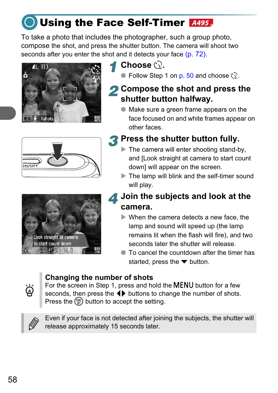 Using the face self-timer, P. 58), Lf-timer | Canon PowerShot A495 User Manual | Page 58 / 131