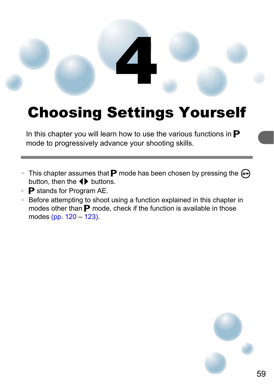 4 choosing settings yourself, Choosing settings yourself | Canon PowerShot A495 User Manual | Page 59 / 131