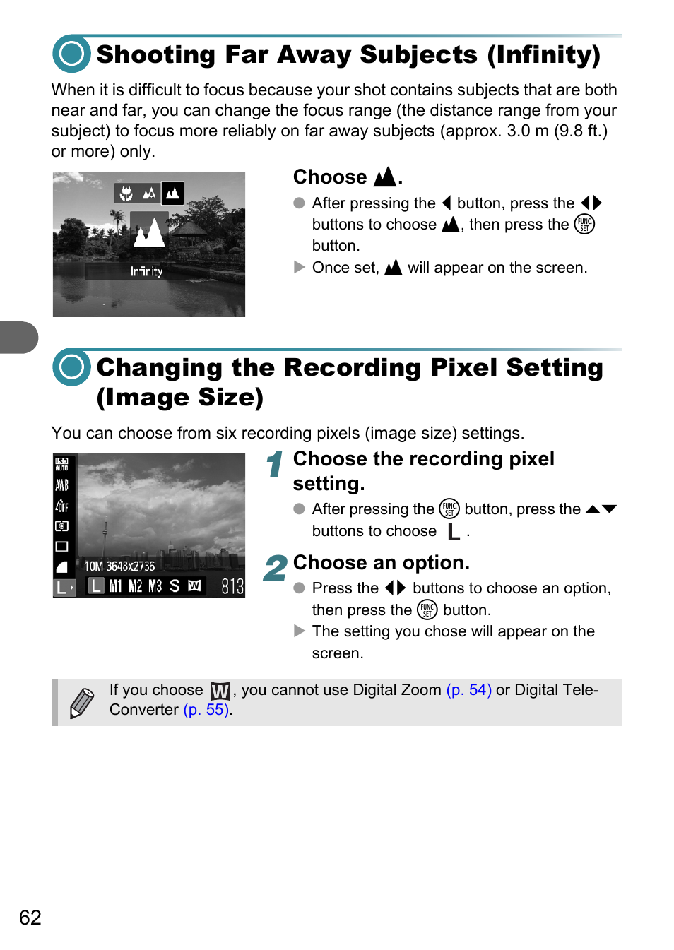 Shooting far away subjects (infinity), Changing the recording pixel setting (image size), P. 62) | Choose u, Choose the recording pixel setting, Choose an option | Canon PowerShot A495 User Manual | Page 62 / 131