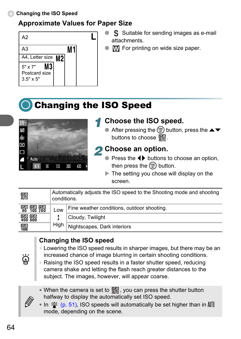 Changing the iso speed, P. 64), Choose the iso speed | Choose an option | Canon PowerShot A495 User Manual | Page 64 / 131