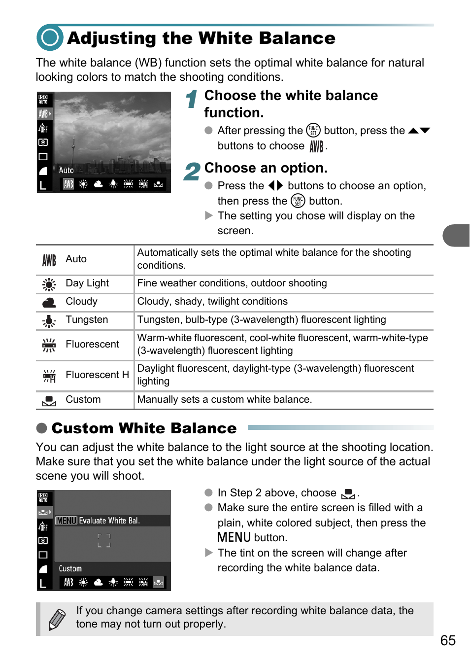 Adjusting the white balance, Lance, P. 65) | Custom white balance, Choose the white balance function, Choose an option | Canon PowerShot A495 User Manual | Page 65 / 131