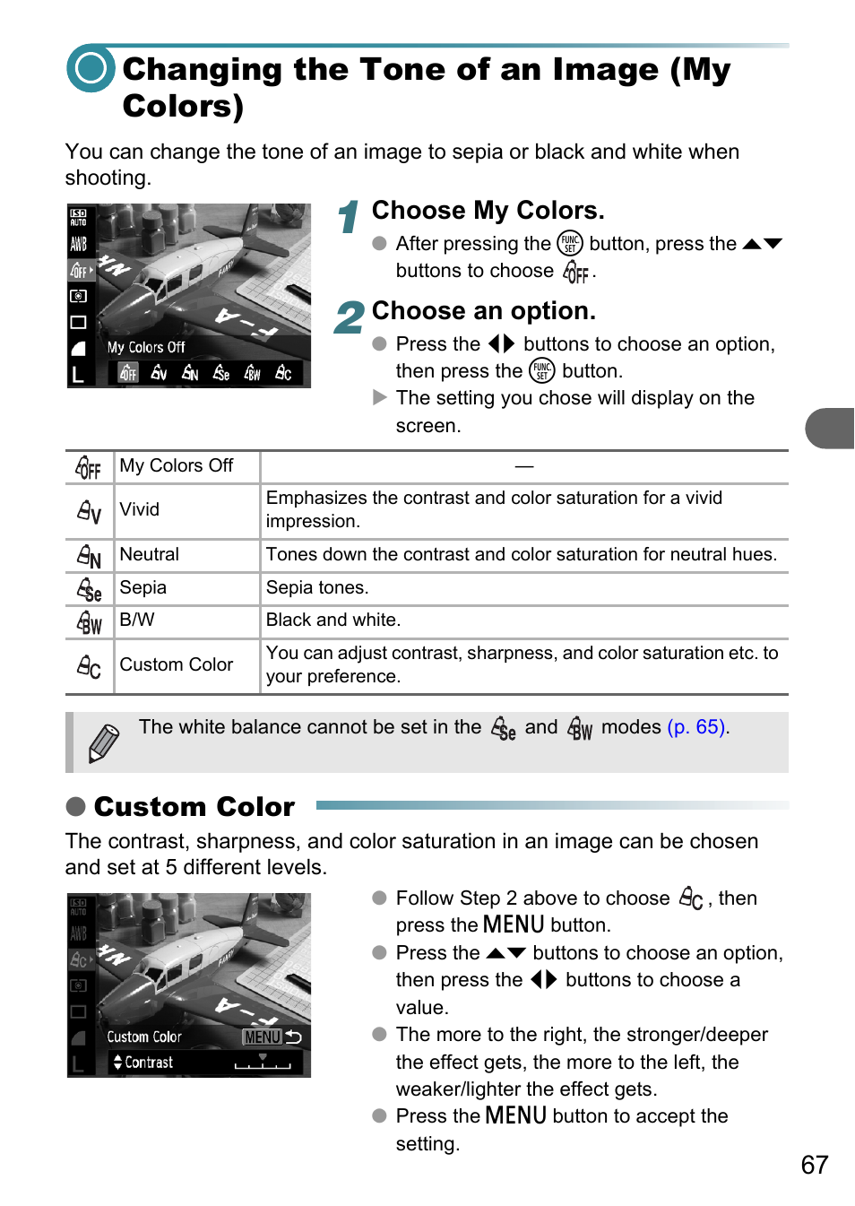 Changing the tone of an image (my colors), Custom color, Choose my colors | Choose an option | Canon PowerShot A495 User Manual | Page 67 / 131