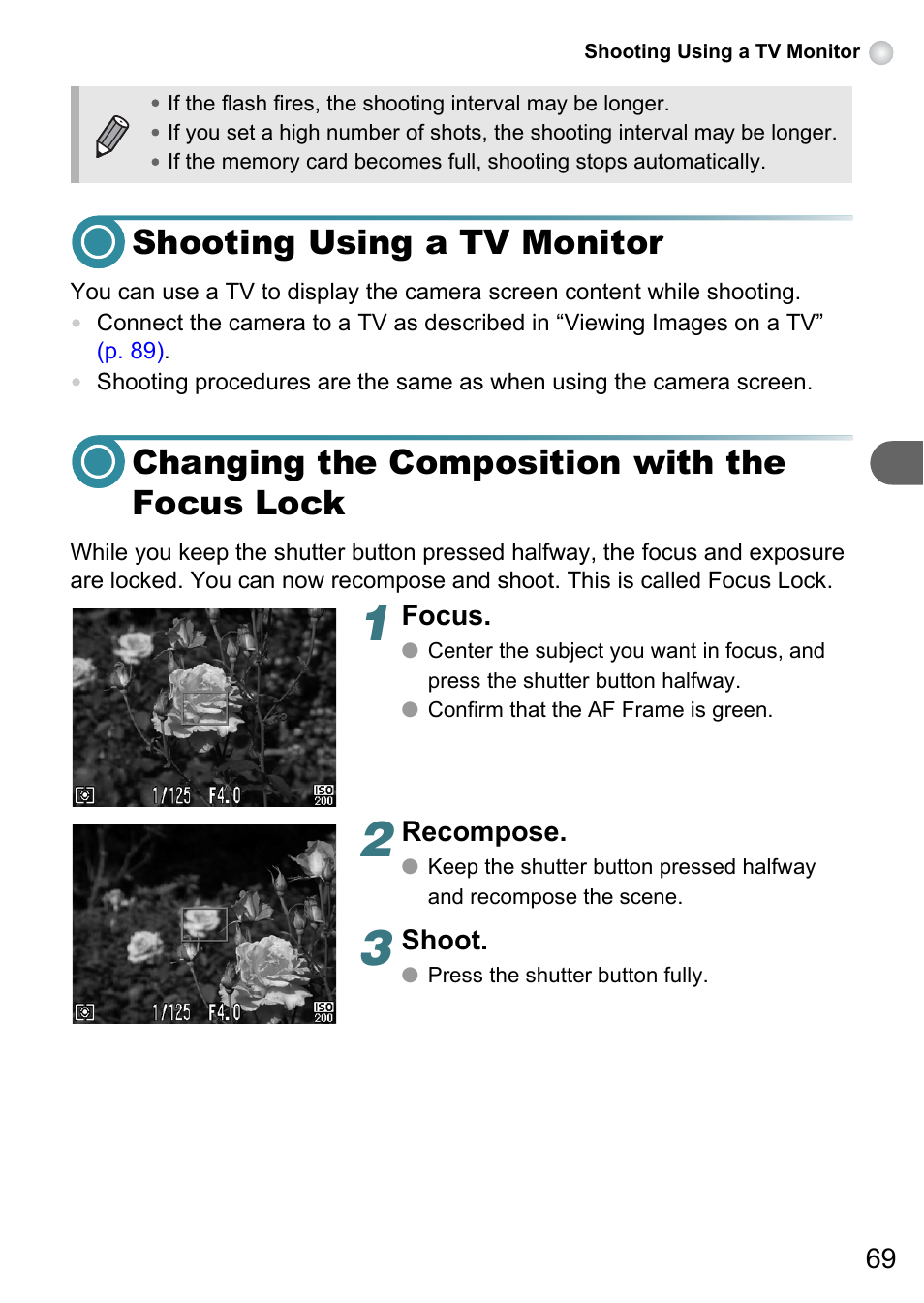 Shooting using a tv monitor, Changing the composition with the focus lock | Canon PowerShot A495 User Manual | Page 69 / 131