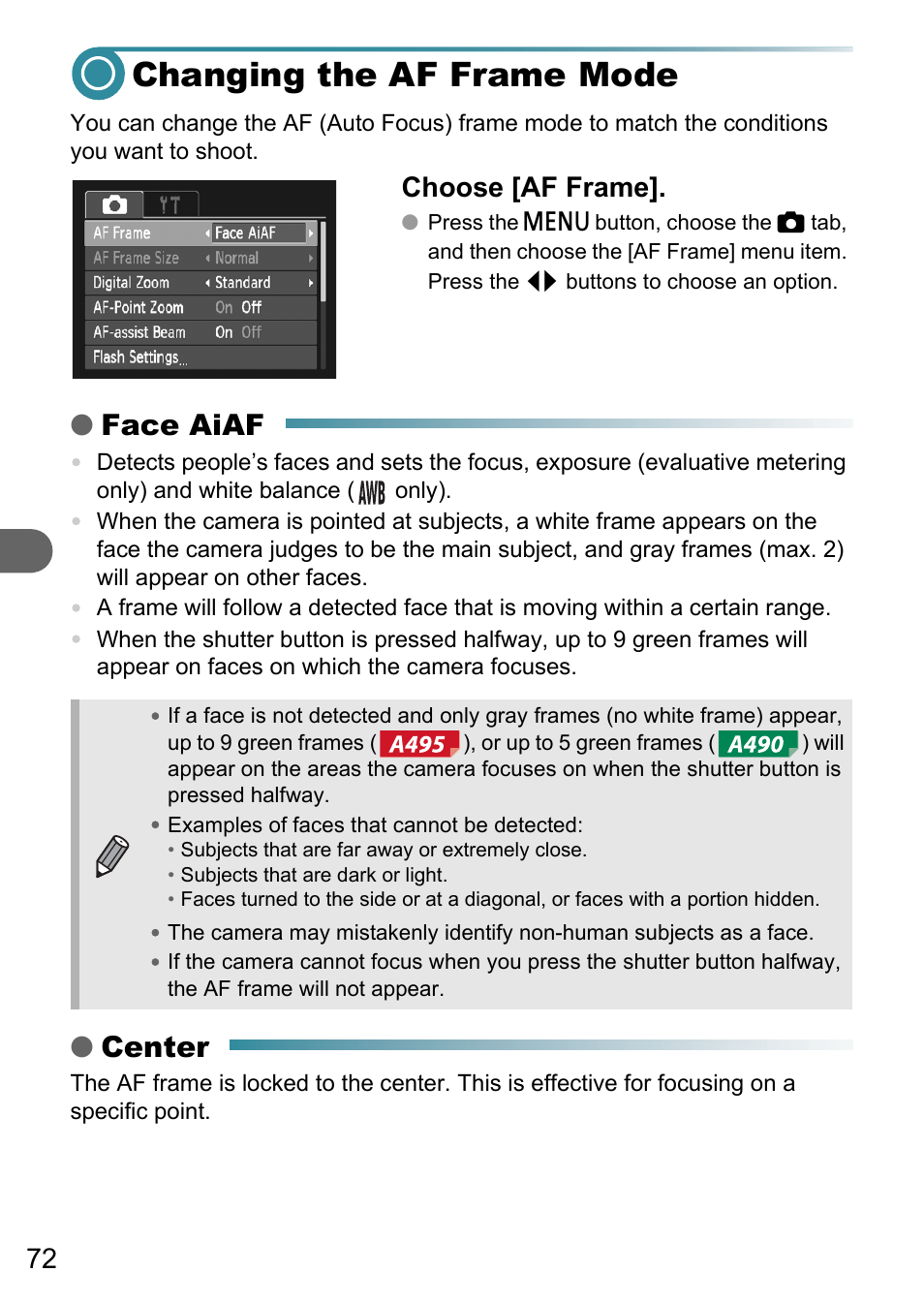 Changing the af frame mode, P. 72), Face aiaf | Center, Choose [af frame | Canon PowerShot A495 User Manual | Page 72 / 131