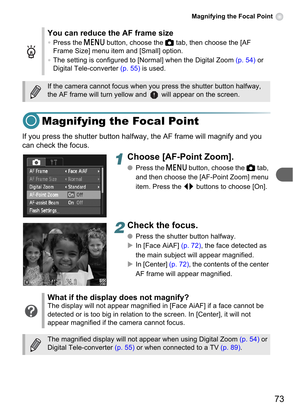 Magnifying the focal point, P. 73), Choose [af-point zoom | Check the focus | Canon PowerShot A495 User Manual | Page 73 / 131