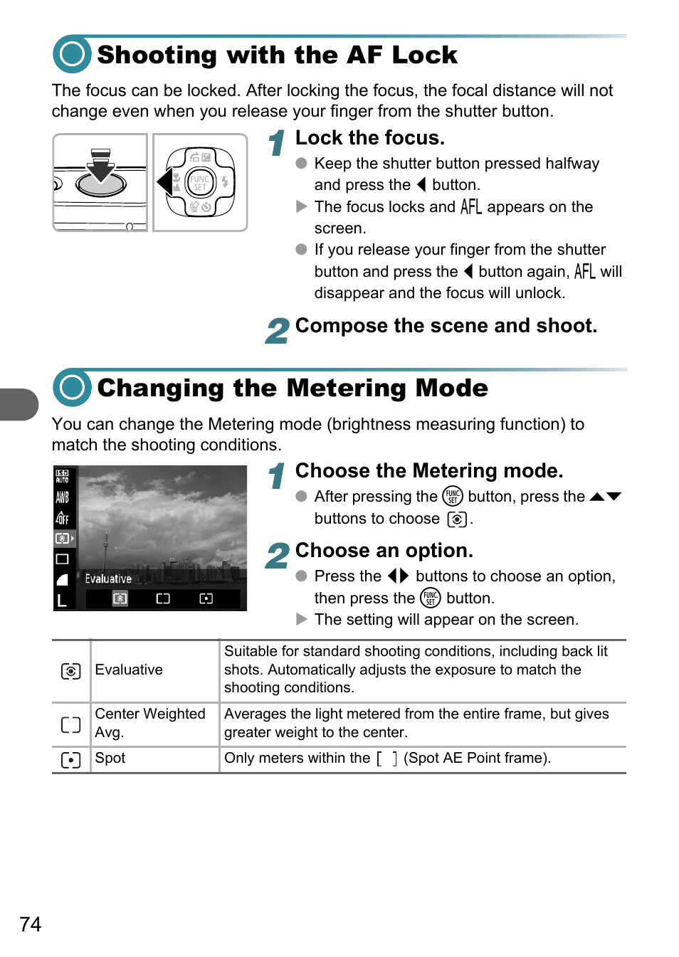 Shooting with the af lock, Changing the metering mode | Canon PowerShot A495 User Manual | Page 74 / 131