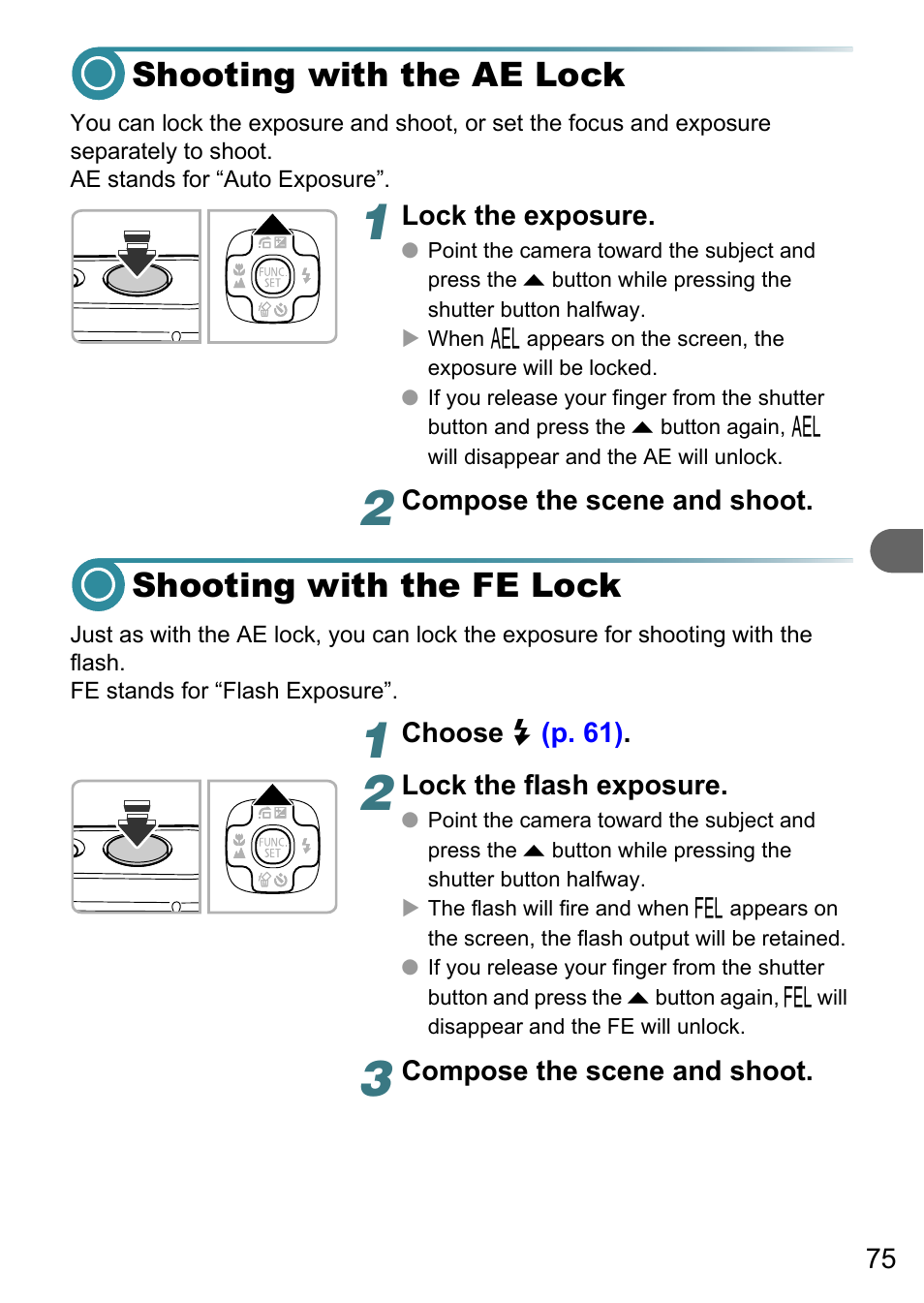 Shooting with the ae lock, Shooting with the fe lock | Canon PowerShot A495 User Manual | Page 75 / 131