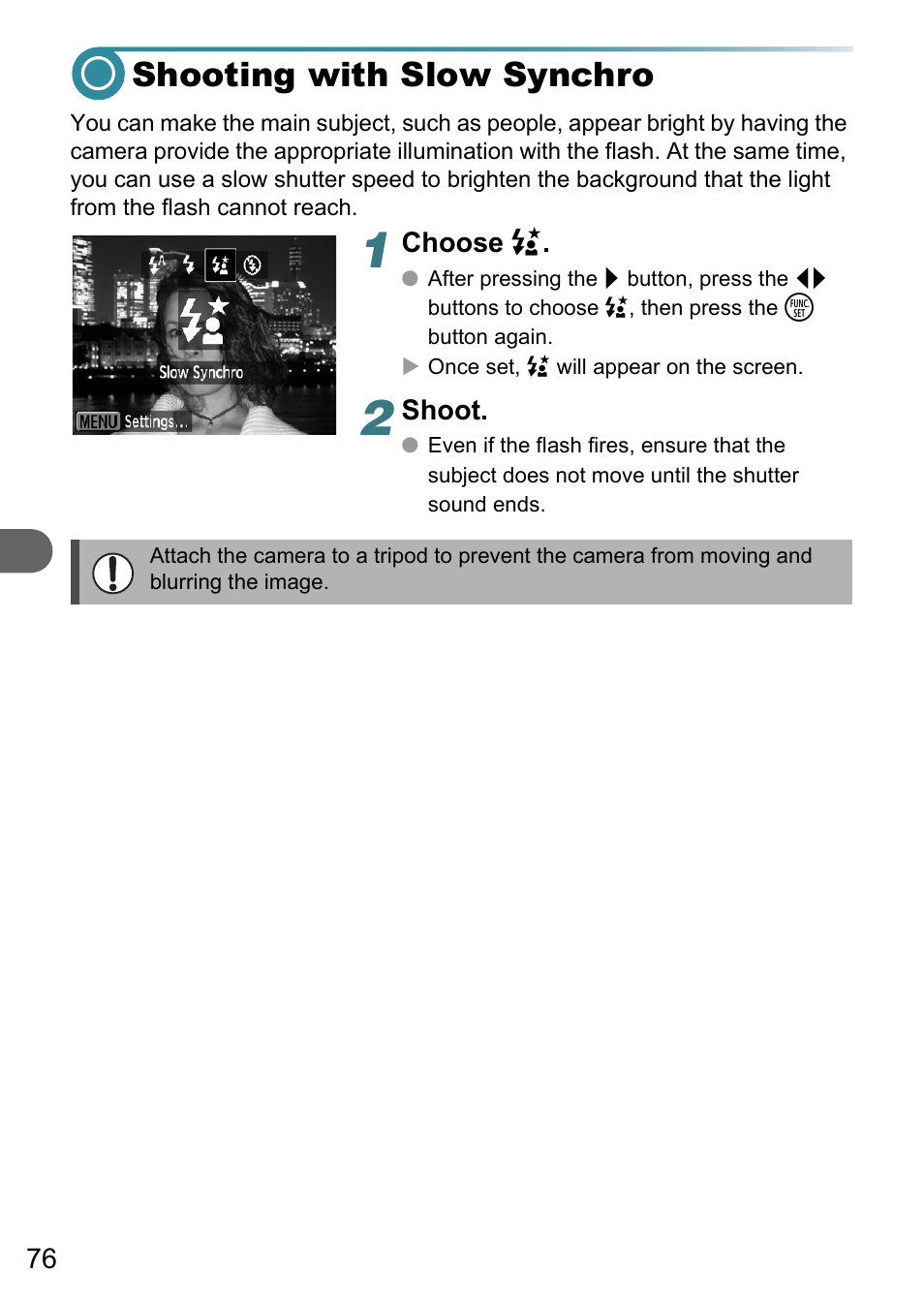 Shooting with slow synchro | Canon PowerShot A495 User Manual | Page 76 / 131