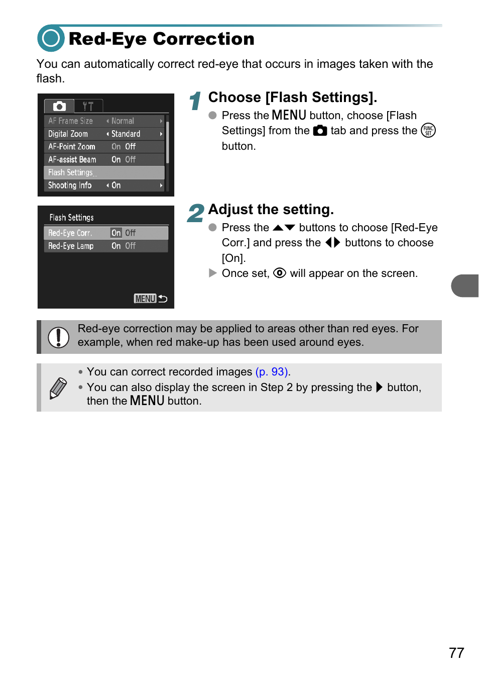 Red-eye correction, Choose [flash settings, Adjust the setting | Canon PowerShot A495 User Manual | Page 77 / 131