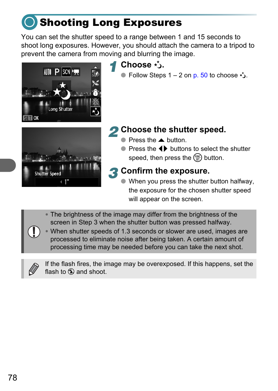 Shooting long exposures, P. 78) | Canon PowerShot A495 User Manual | Page 78 / 131