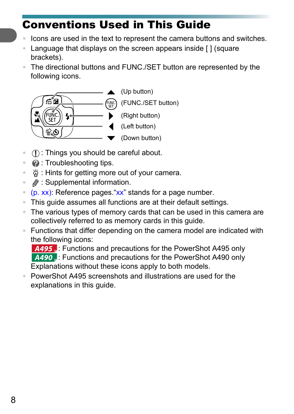 Conventions used in this guide | Canon PowerShot A495 User Manual | Page 8 / 131