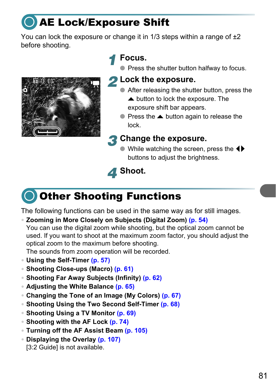 Ae lock/exposure shift, Other shooting functions, Ae lock/exposure shift other shooting functions | Focus, Lock the exposure, Change the exposure, Shoot | Canon PowerShot A495 User Manual | Page 81 / 131