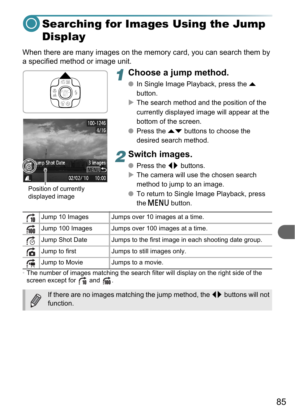 Searching for images using the jump display, Jump), P. 85) | Choose a jump method, Switch images | Canon PowerShot A495 User Manual | Page 85 / 131