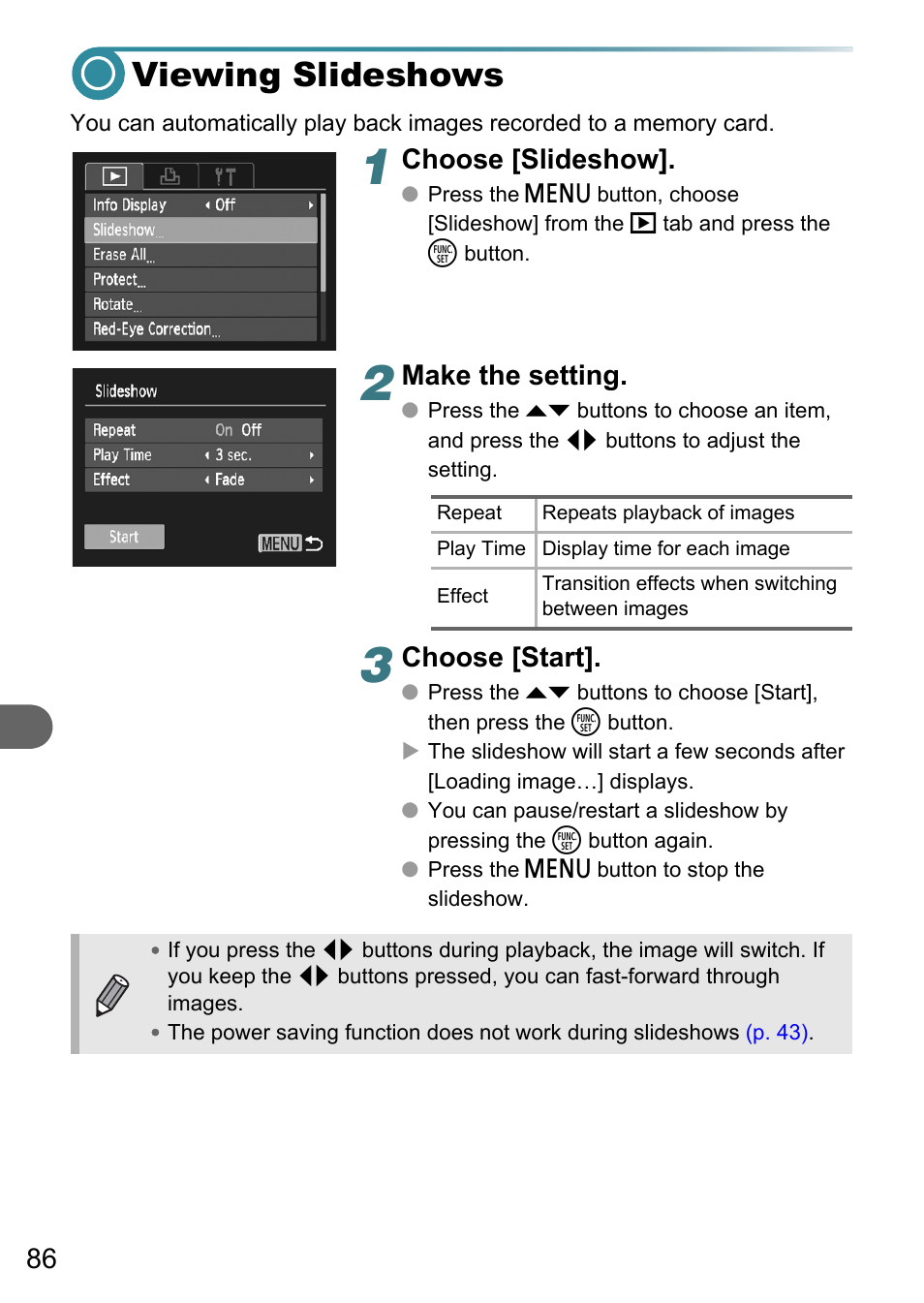 Viewing slideshows, P. 86), Choose [slideshow | Make the setting, Choose [start | Canon PowerShot A495 User Manual | Page 86 / 131