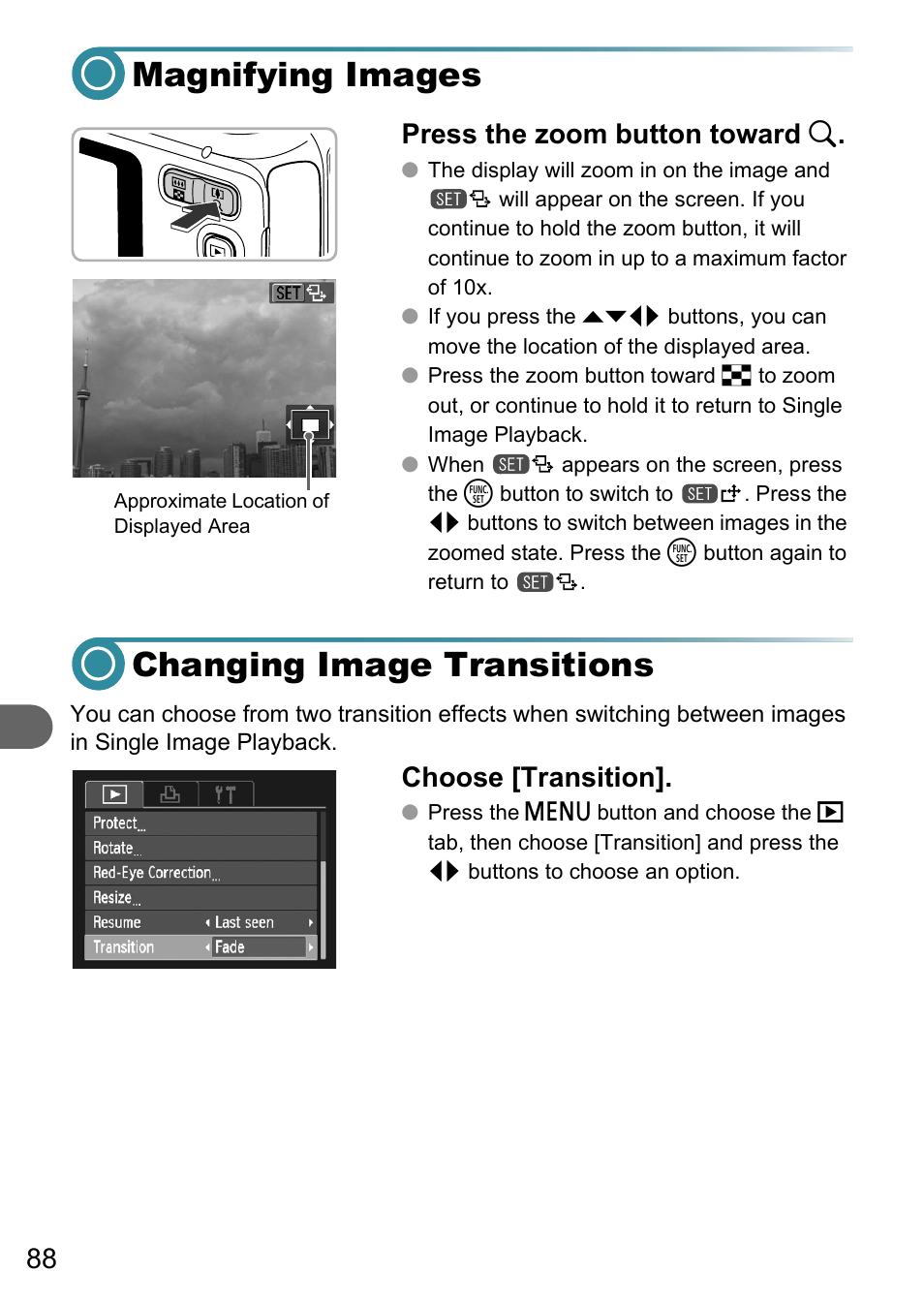 Magnifying images, Changing image transitions, Magnifying images changing image transitions | P. 88), Press the zoom button toward k, Choose [transition | Canon PowerShot A495 User Manual | Page 88 / 131