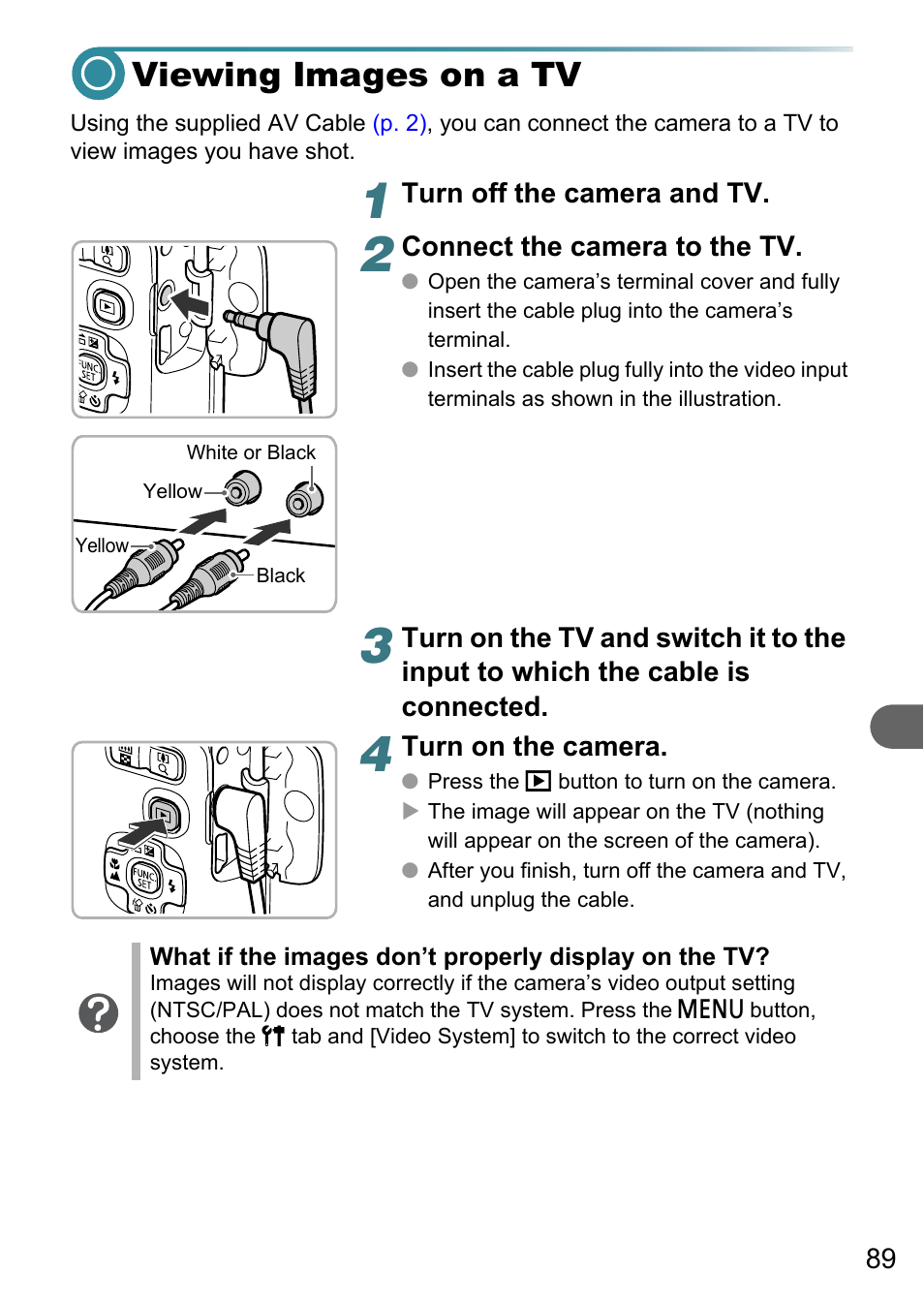 Viewing images on a tv, P. 89), Ed to a tv | Canon PowerShot A495 User Manual | Page 89 / 131