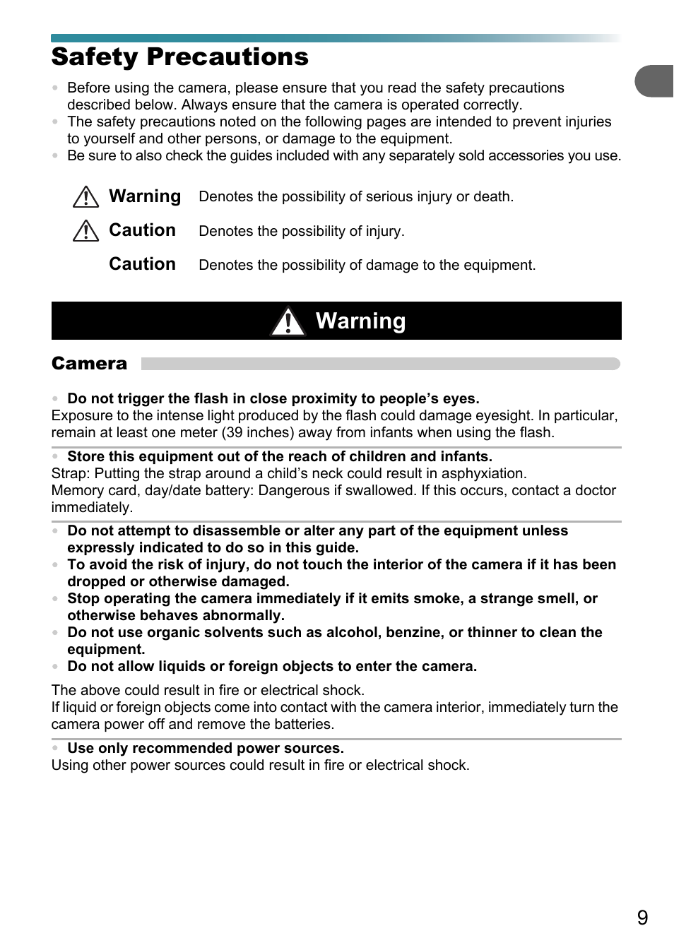 Safety precautions, Warning | Canon PowerShot A495 User Manual | Page 9 / 131
