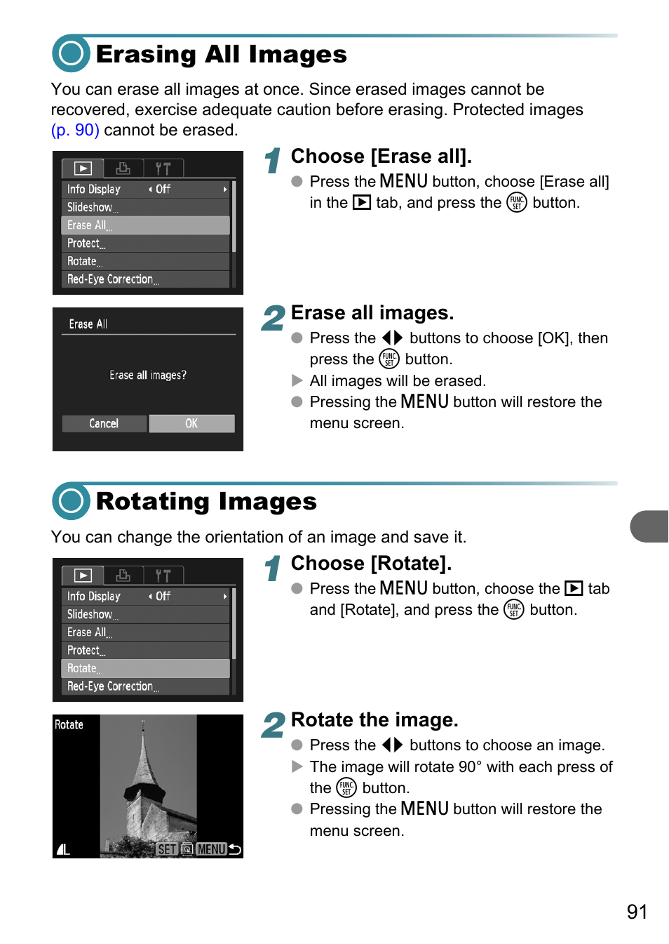 Erasing all images, Rotating images, Erasing all images rotating images | P. 91) | Canon PowerShot A495 User Manual | Page 91 / 131