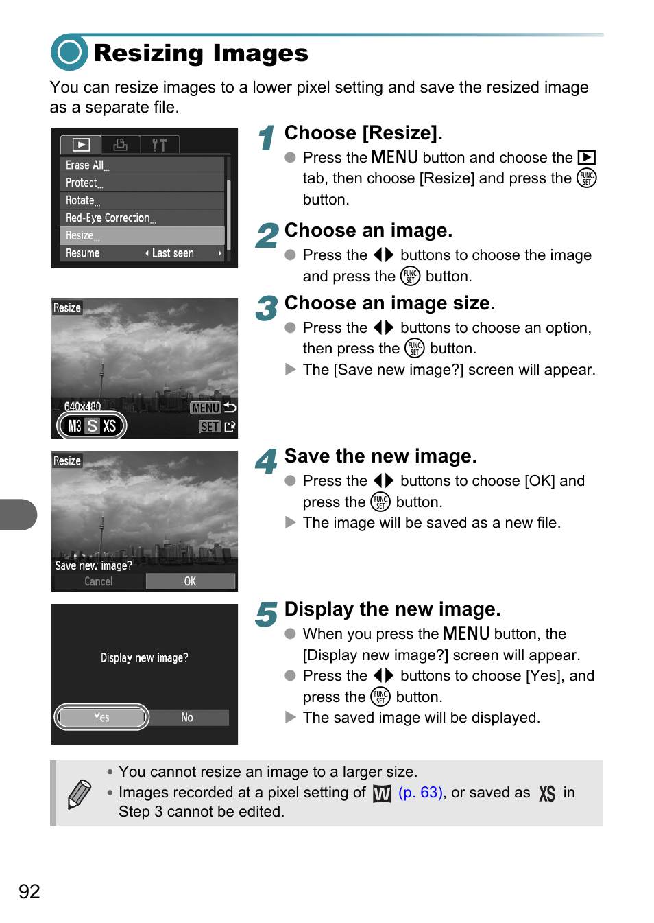 Resizing images, Pp. 92, Choose [resize | Choose an image, Choose an image size, Save the new image, Display the new image | Canon PowerShot A495 User Manual | Page 92 / 131