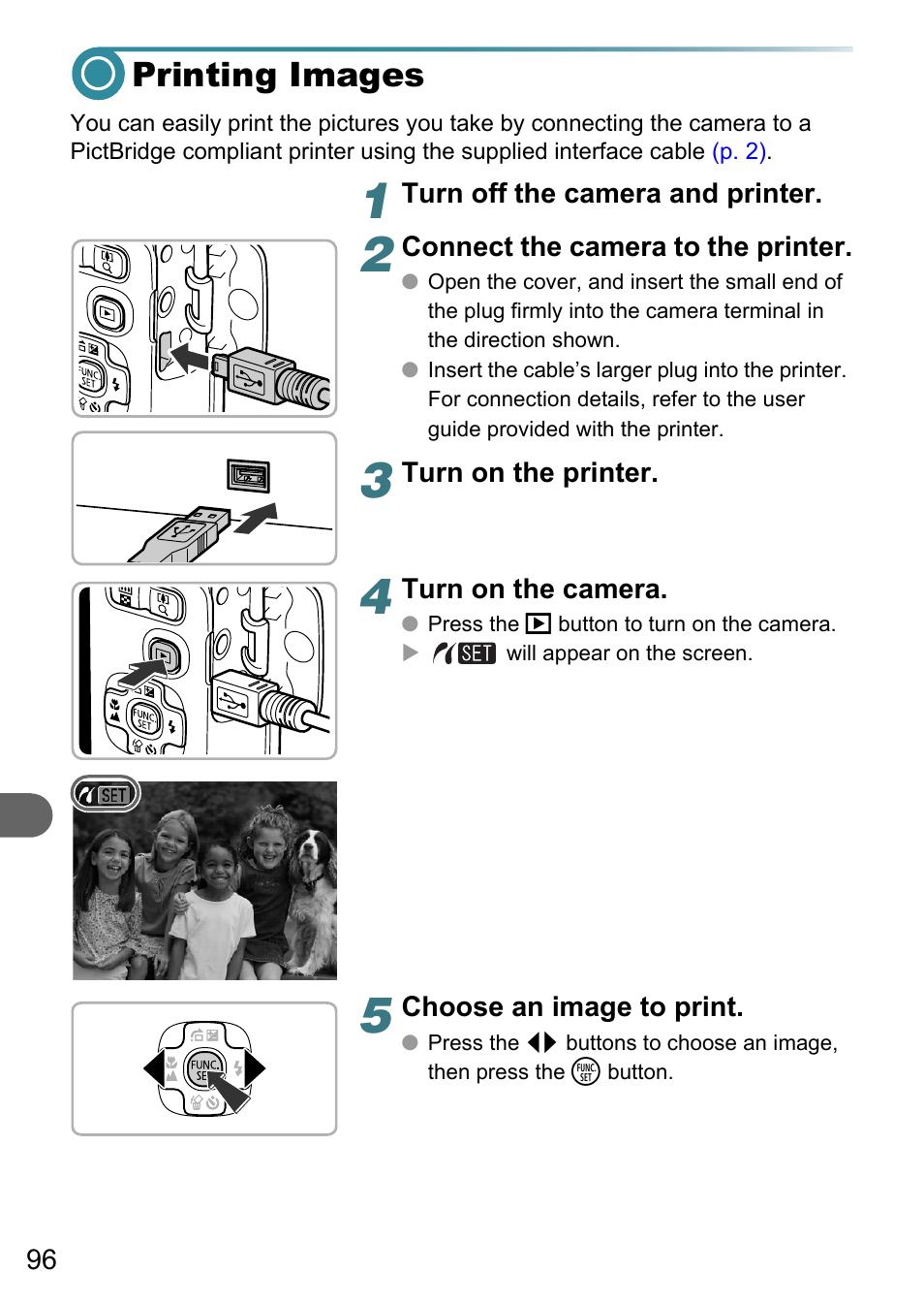 Printing images, Nt printer, P. 96) | Canon PowerShot A495 User Manual | Page 96 / 131