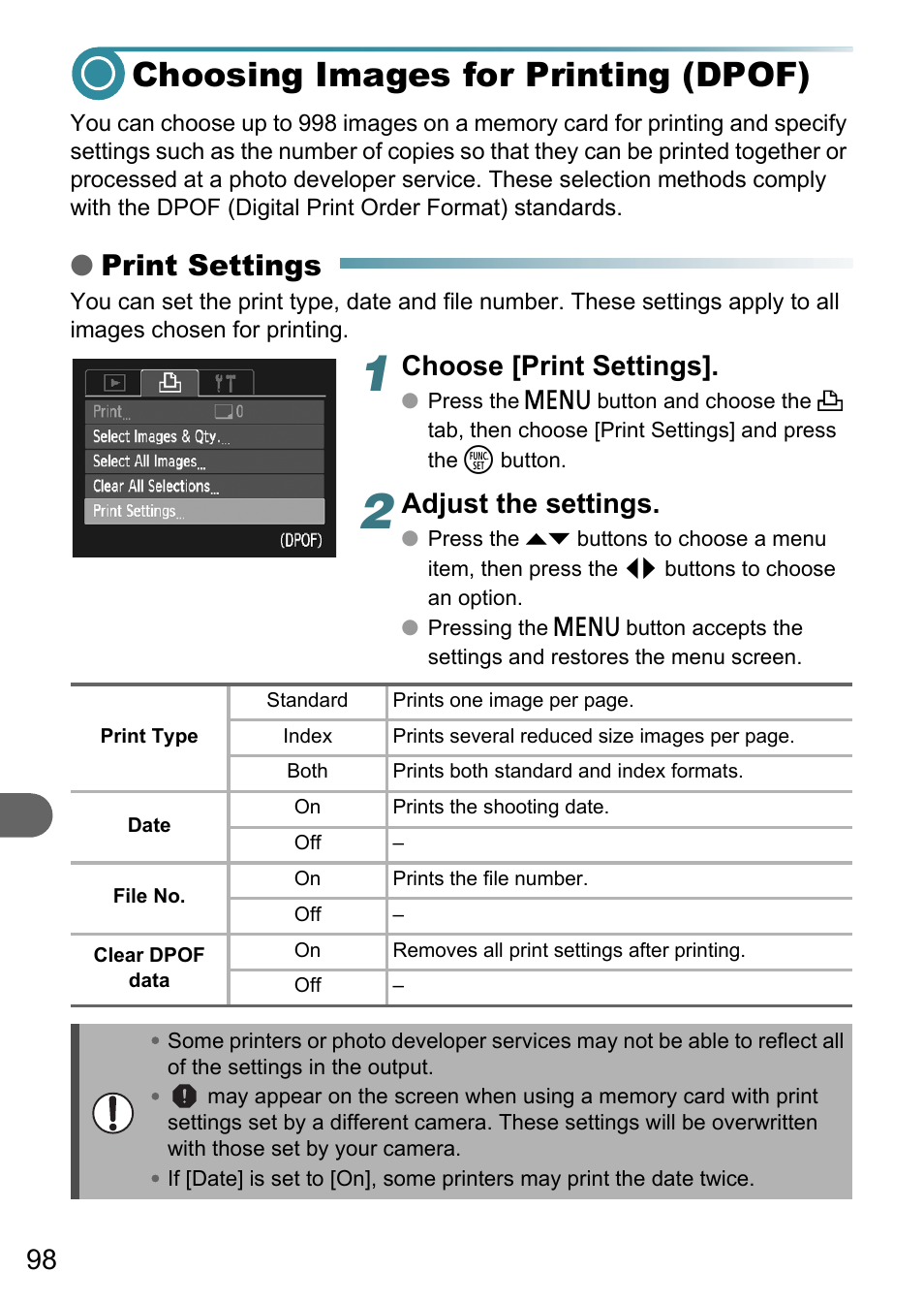 Choosing images for printing (dpof), P. 98), Print settings | Choose [print settings, Adjust the settings | Canon PowerShot A495 User Manual | Page 98 / 131