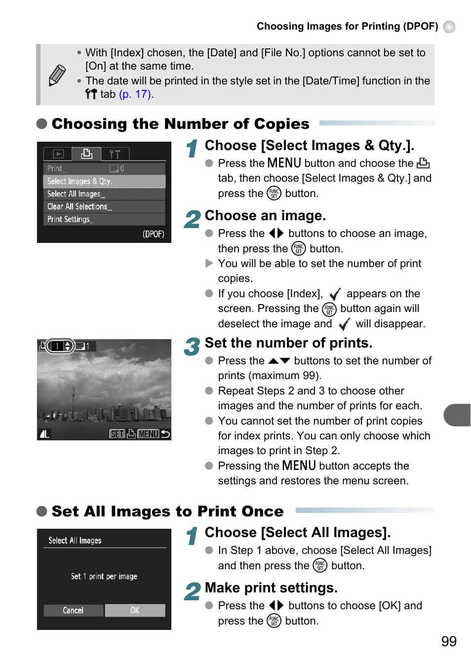 Choosing the number of copies, Set all images to print once, Choose [select images & qty | Choose an image, Set the number of prints, Choose [select all images, Make print settings | Canon PowerShot A495 User Manual | Page 99 / 131