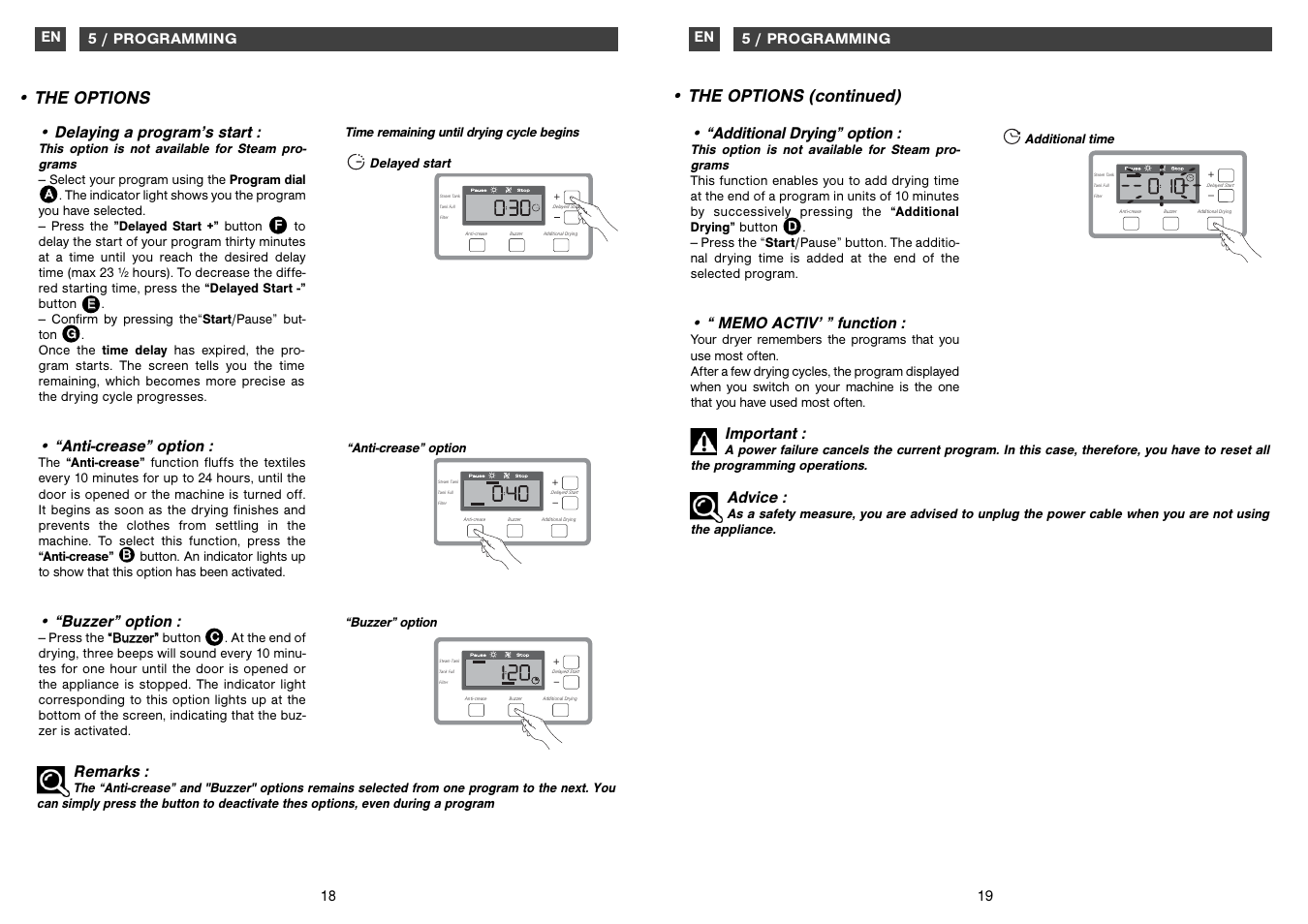 The options, The options (continued), Additional drying” option | Anti-crease” option, Buzzer” option, Remarks, Delaying a program’s start, Important, Advice | Caple TDF200 User Manual | Page 10 / 17