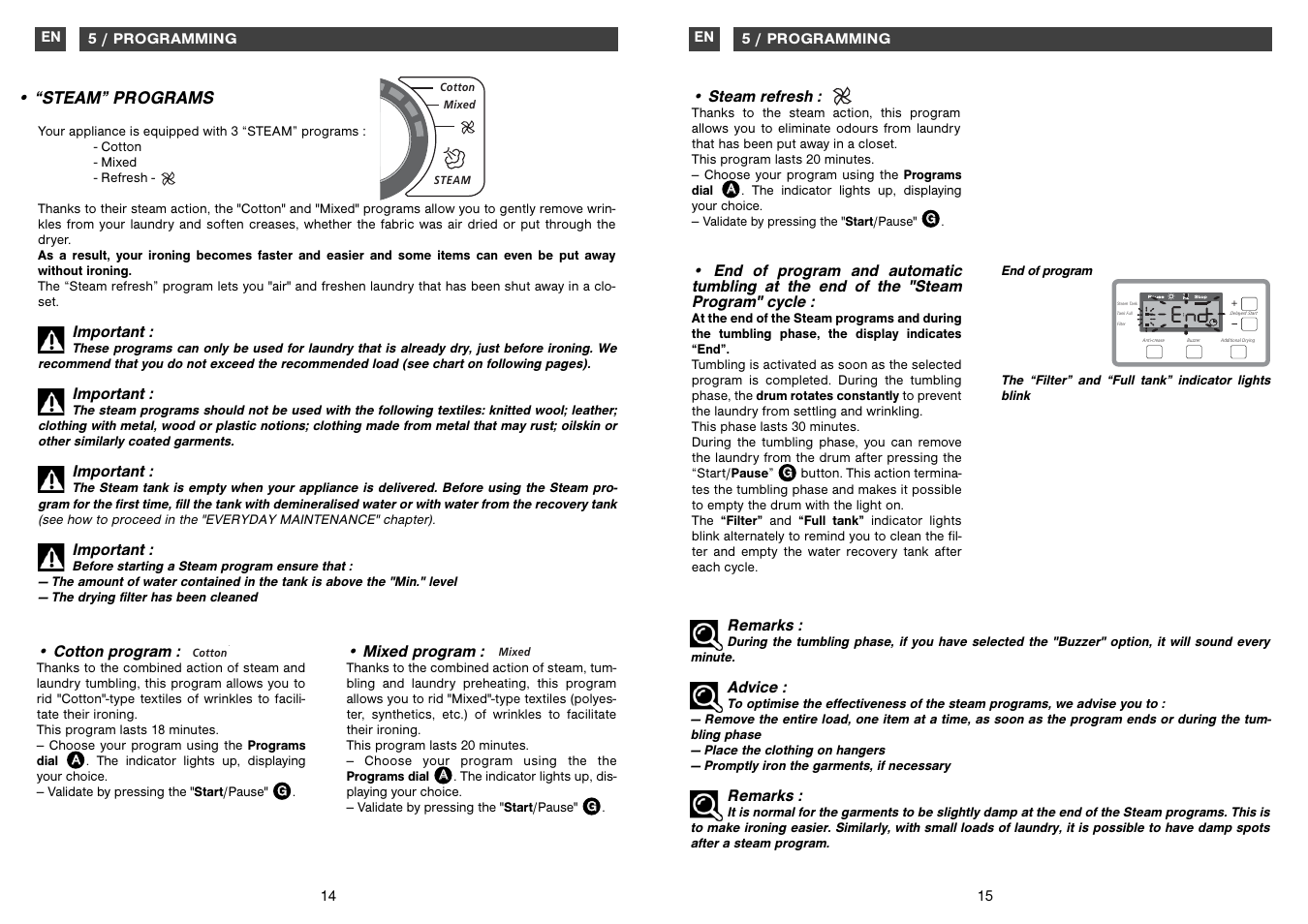 Steam” programs | Caple TDF200 User Manual | Page 8 / 17